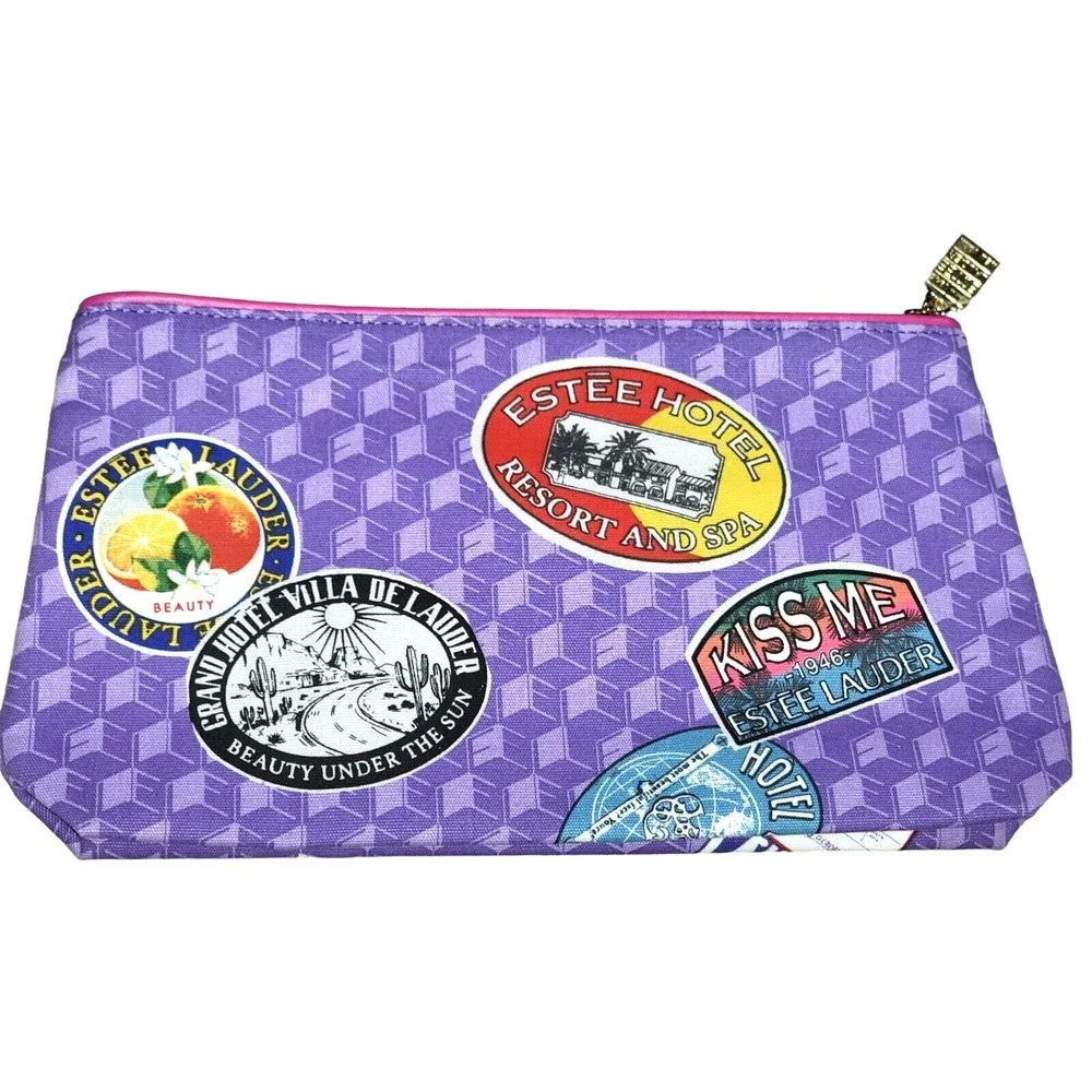 New ESTEE LAUDER Printed Travel Cosmetic Makeup Bag  2 Sided  W/Pink Luggage Tag